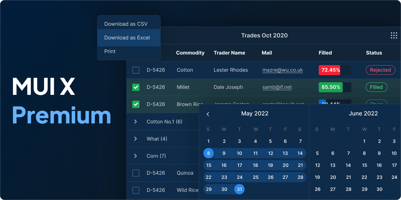 Promotional image of MUIÂ X Premium plan release showcasing Data Grid's new features (such as Download data as an Excel file) and Date Range Picker